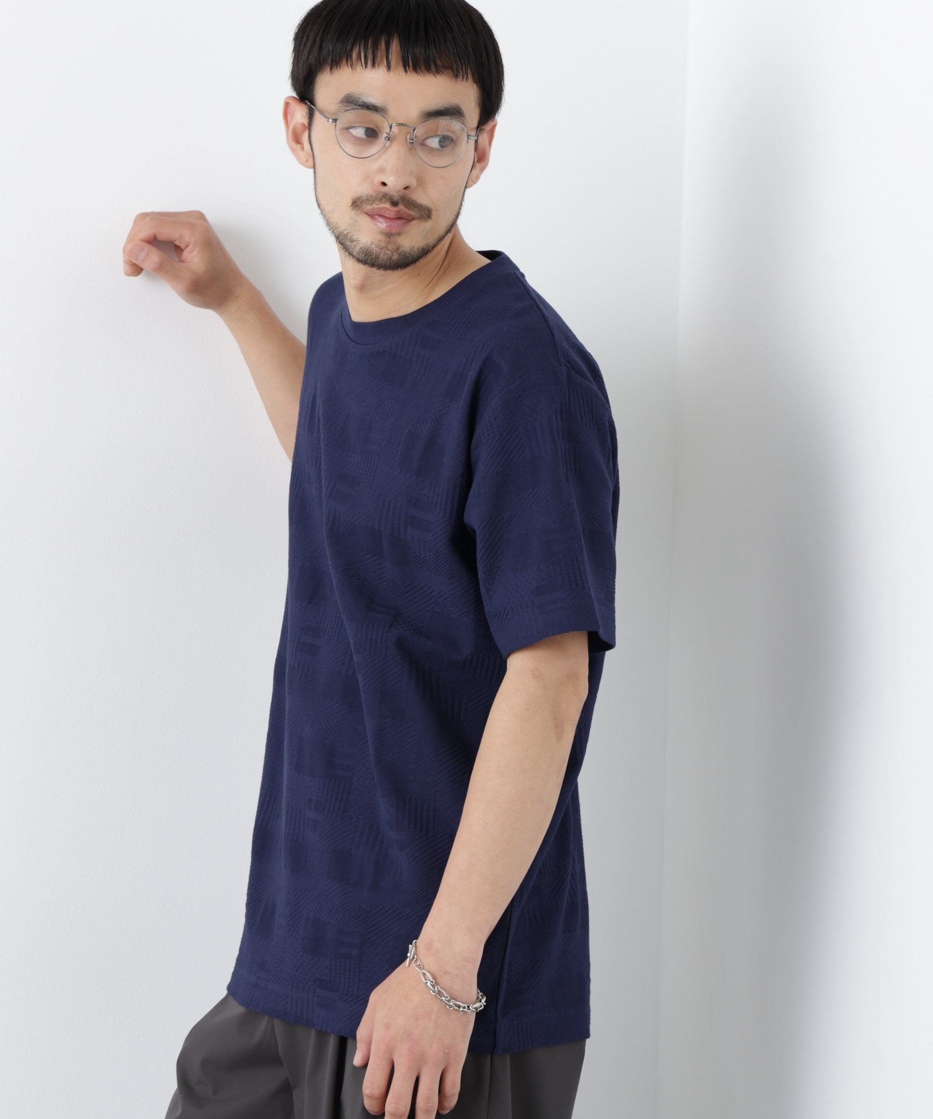 NANO universe「リンクスジャガードTシャツ 半袖」|Tシャツ・カットソー|ネイビー