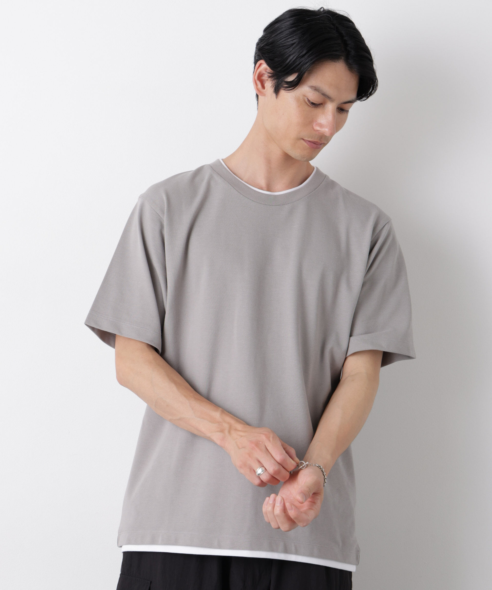 NANO universe「フェイクレイヤード鹿の子Tシャツ 半袖」|Tシャツ・カットソー|グレー