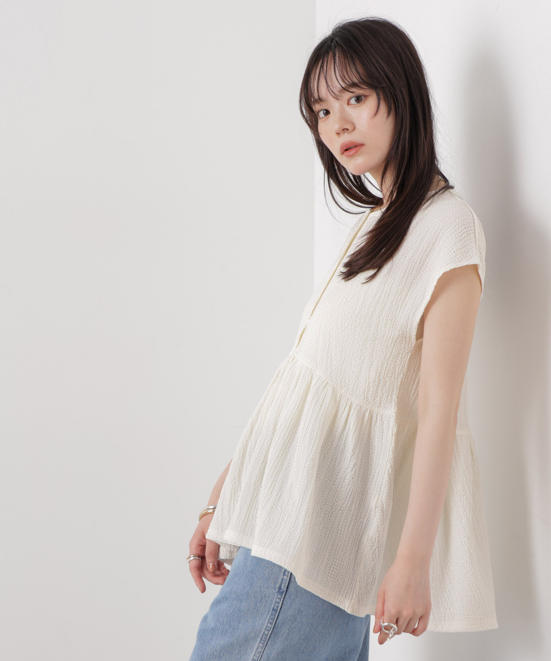 nano･universe「フクレジャガードカットギャザーブラウス」|Tシャツ・カットソー|