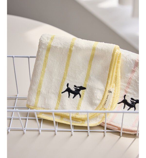 ROPE PICNIC PASSAGE「PICNIC DOGシリーズ ワンポイント刺繍ストライプタオルハンカチ/ボックス入り」|ハンカチ|イエロー系(82)