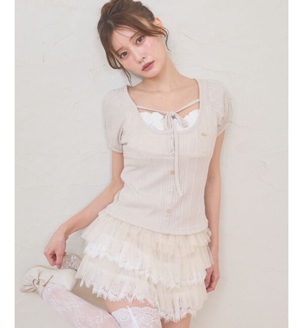  「リボンレイヤードライク半袖トップス」|Tシャツ・カットソー|