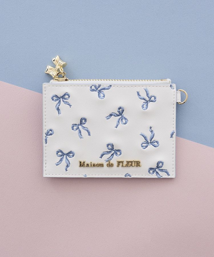 Maison de FLEUR「リボン刺繍カードケース」|財布|サックスブルー