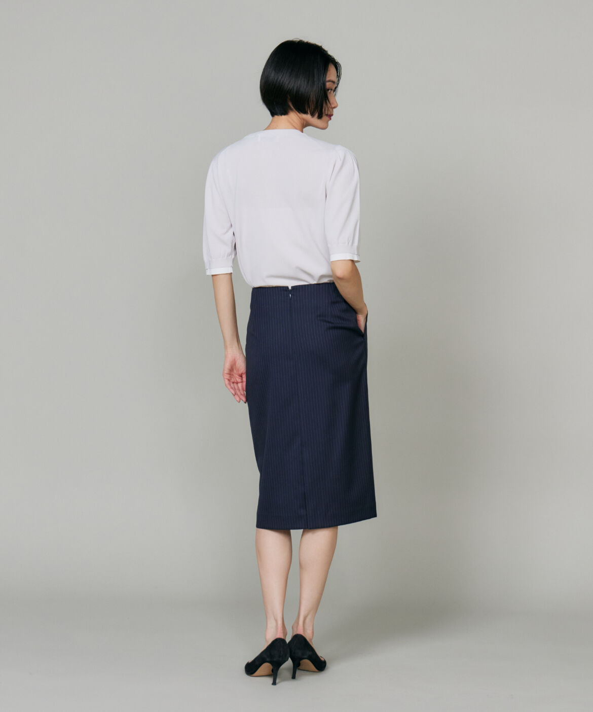 INED「《大きいサイズ》シルクウールストライプペンシルスカート」|タイト|