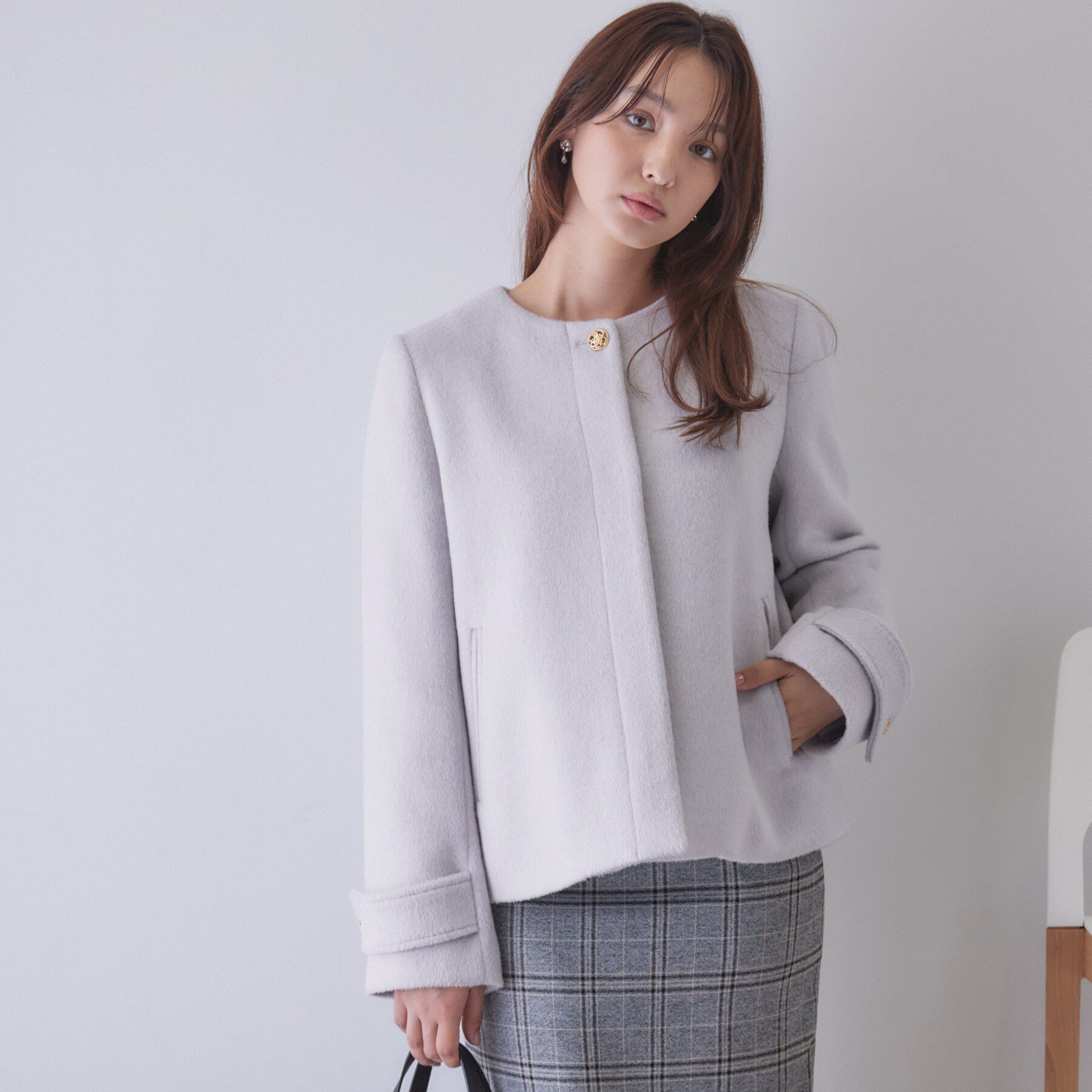 index「カシミヤ混ノーカラーショートコート」|ノーカラーコート|サックスブルー(89