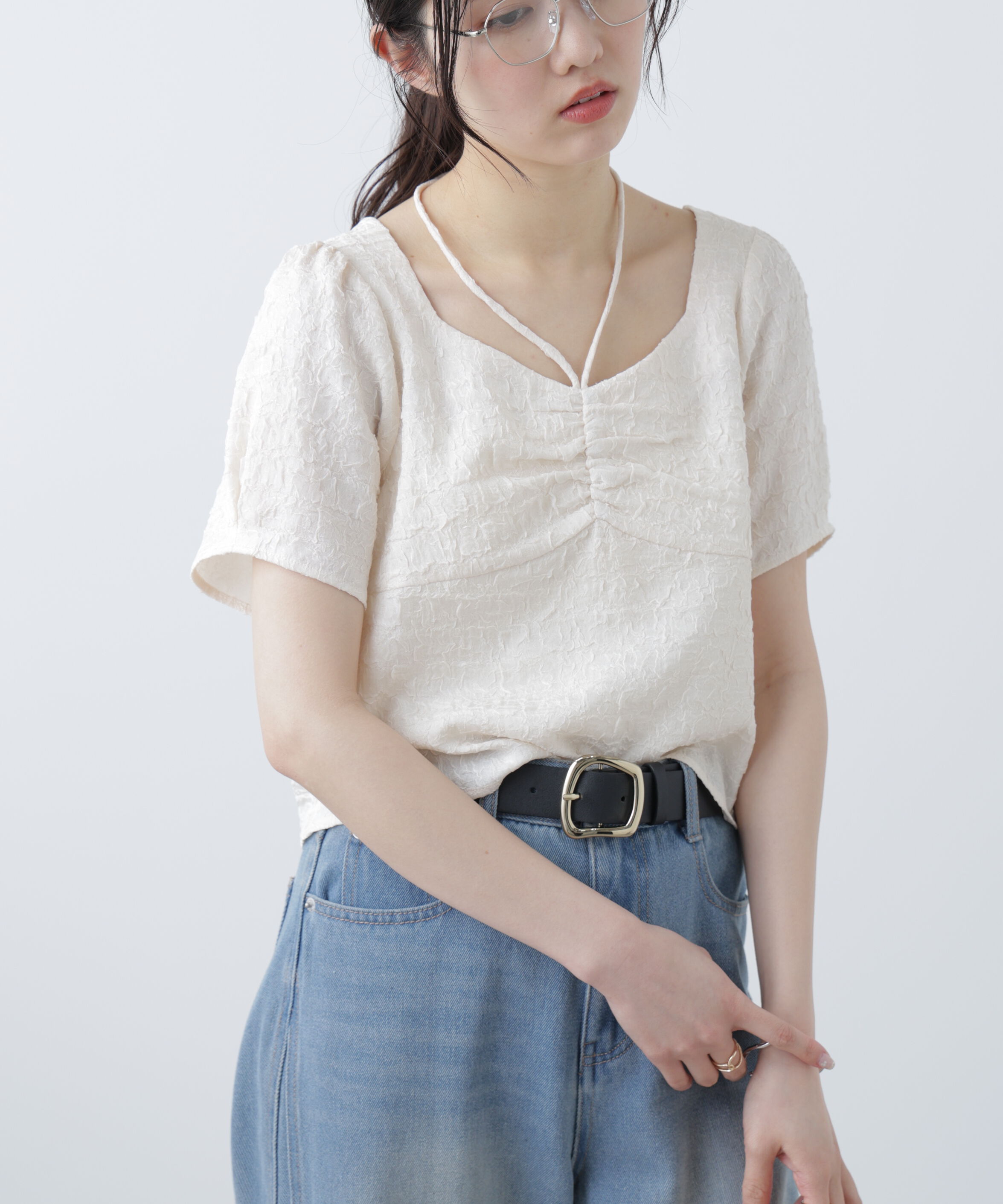  「フロントギャザーネックリボン付き半袖ブラウス」|シャツ・ブラウス|