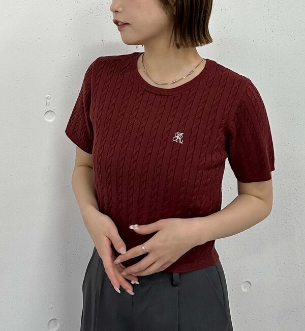 archives「ハーフスリーブロゴ刺繍ケーブルニット」|ニット・セーター|RED