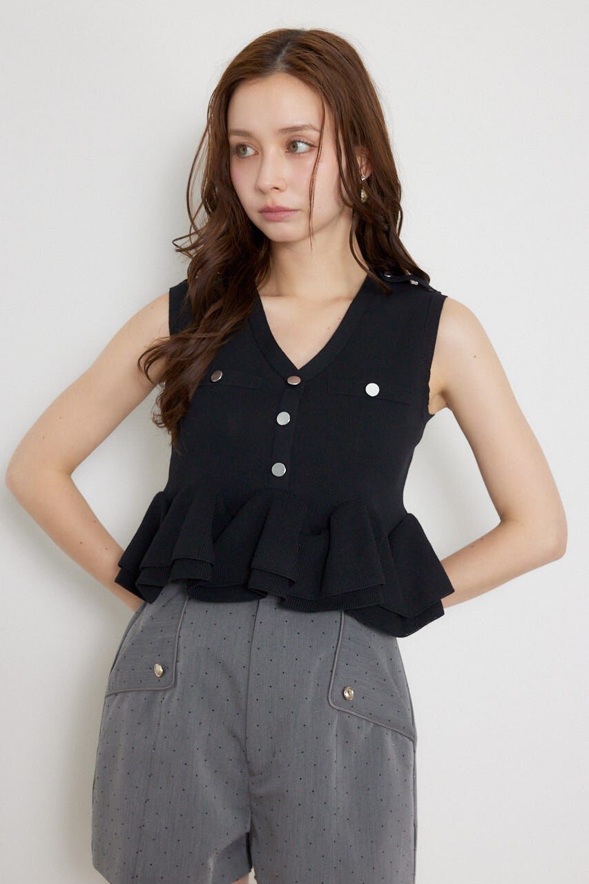 rienda「ボタンポイントペプラムニットトップス」|シャツ・ブラウス|BLK
