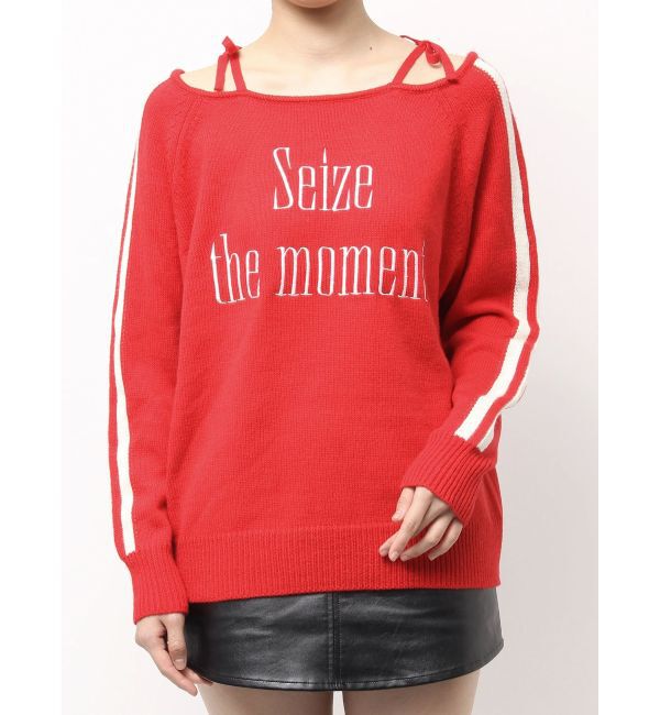 GYDA「Seize the momentオフショルリボンニットトップス」|ニット・セーター|レッド