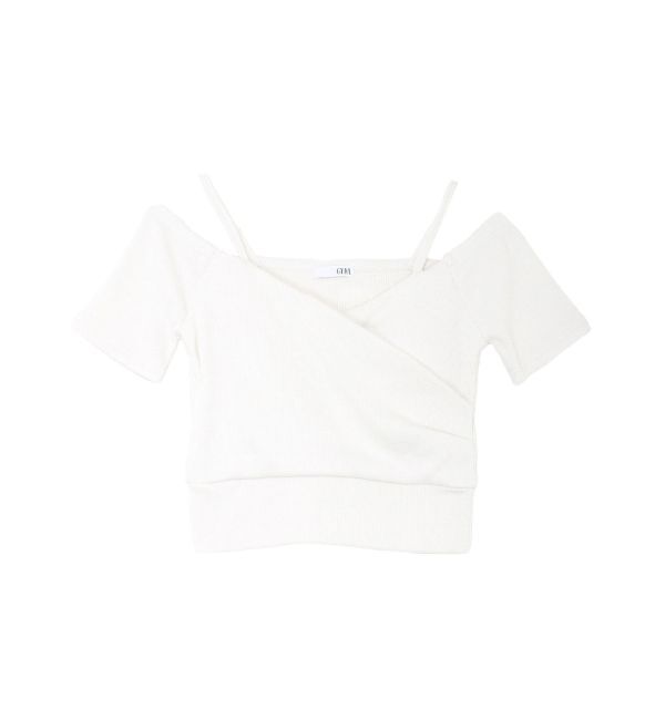 GYDA「ラメテレコハーフスリーブカシュクールオフショルショートTOPS」|Tシャツ・カットソー|