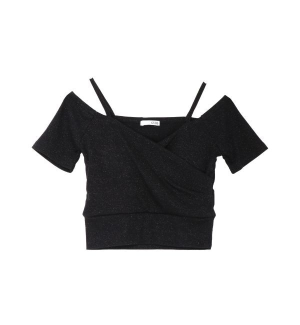 GYDA「ラメテレコハーフスリーブカシュクールオフショルショートTOPS」|Tシャツ・カットソー|