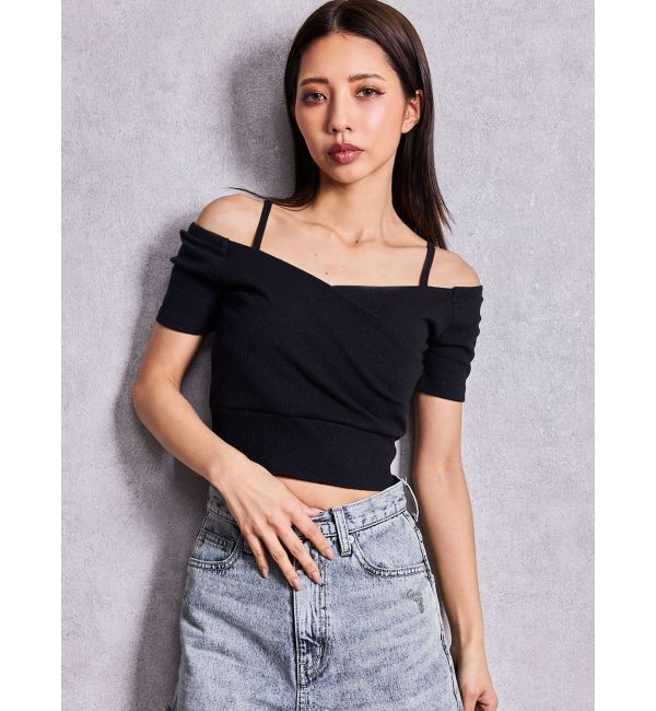 GYDA「ラメテレコハーフスリーブカシュクールオフショルショートTOPS」|Tシャツ・カットソー|ブラック