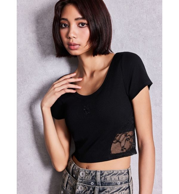 GYDA「OVERLAP Gサイドレースショートトップス」|Tシャツ・カットソー|ブラック