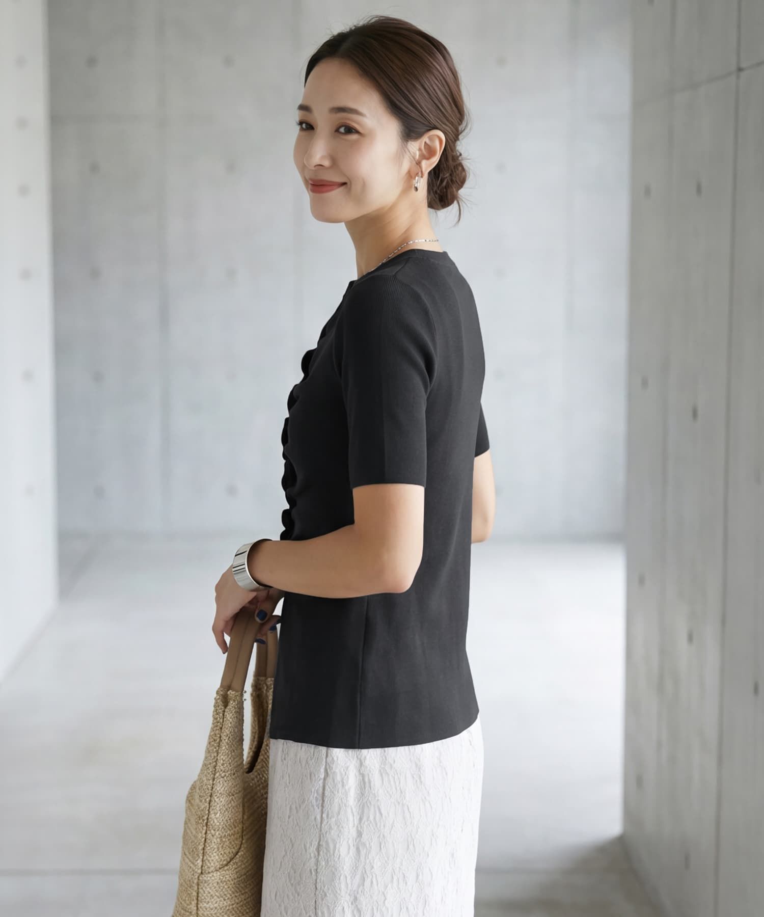 STYLE DELI「さらさら前ギャザー半袖ニットトップス」|Tシャツ・カットソー|