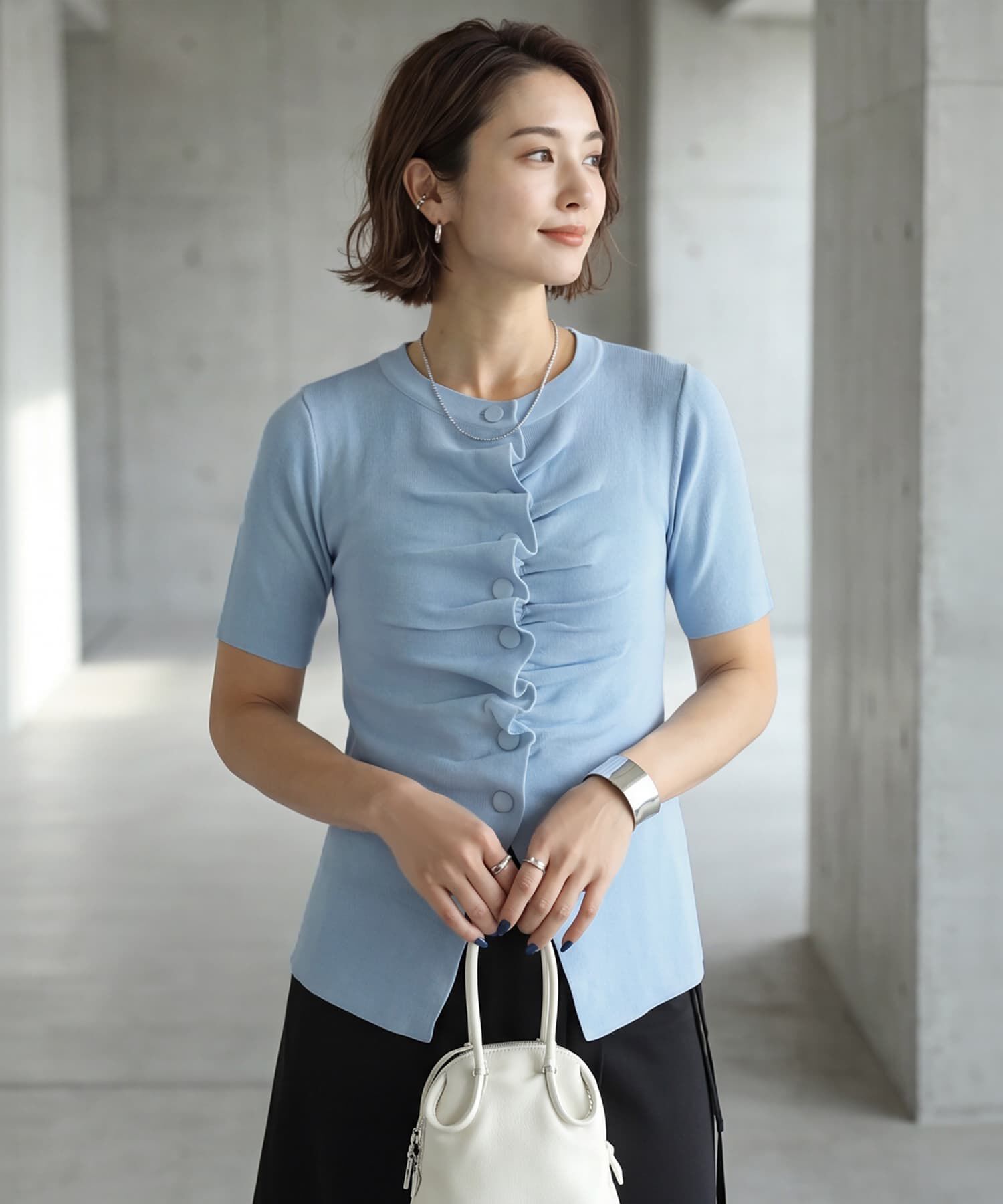 STYLE DELI「さらさら前ギャザー半袖ニットトップス」|Tシャツ・カットソー|ブルー