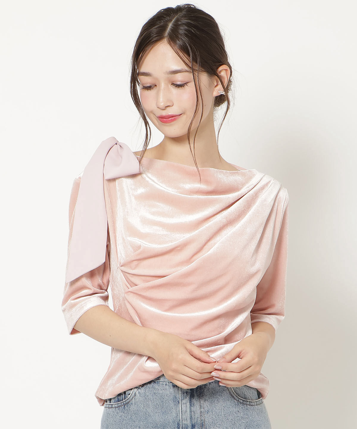 WILLSELECTION「ショルダーリボンベロアトップス」|Tシャツ・カットソー|ピンク