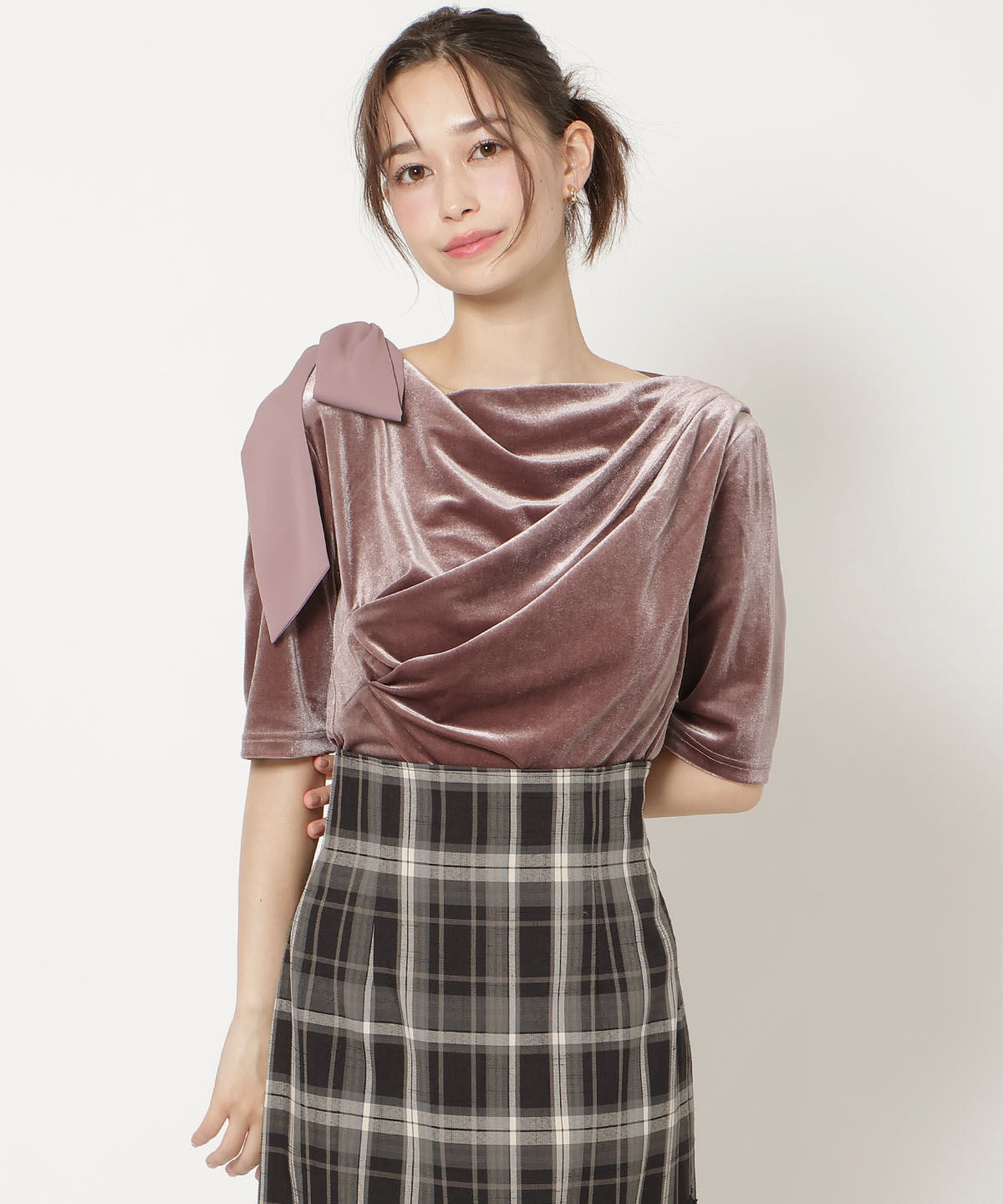 WILLSELECTION「ショルダーリボンベロアトップス」|Tシャツ・カットソー|茶系幾何､ﾊﾟﾈﾙ柄