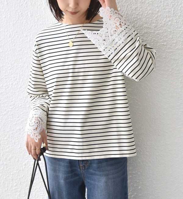 SHIPS Colors 「【WEB限定】〈手洗い可能〉ボーダー ポンチ レースカフス トップス◇」|Tシャツ・カットソー|