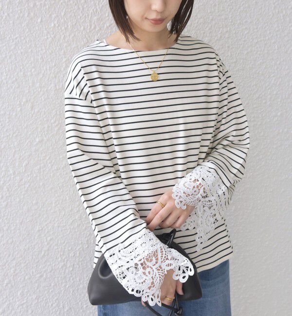 SHIPS Colors 「【WEB限定】〈手洗い可能〉ボーダー ポンチ レースカフス トップス◇」|Tシャツ・カットソー|
