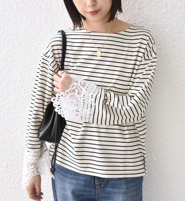 SHIPS Colors 「【WEB限定】〈手洗い可能〉ボーダー ポンチ レースカフス トップス◇」|Tシャツ・カットソー|