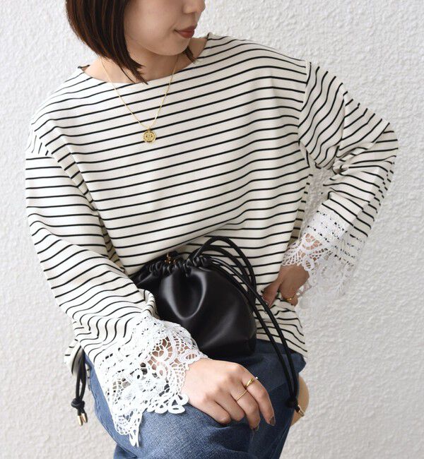 SHIPS Colors 「【WEB限定】〈手洗い可能〉ボーダー ポンチ レースカフス トップス◇」|Tシャツ・カットソー|