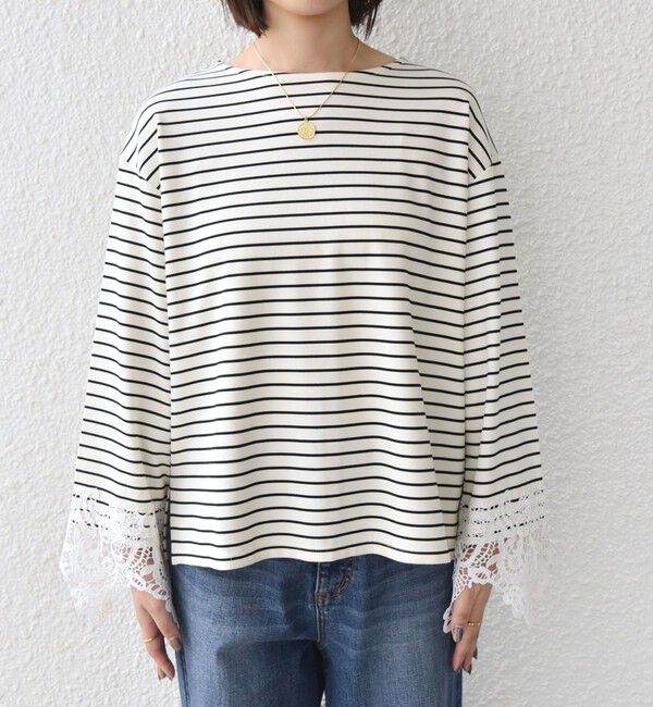 SHIPS Colors 「【WEB限定】〈手洗い可能〉ボーダー ポンチ レースカフス トップス◇」|Tシャツ・カットソー|