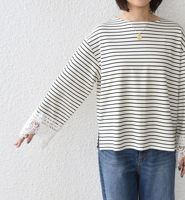 SHIPS Colors 「【WEB限定】〈手洗い可能〉ボーダー ポンチ レースカフス トップス◇」|Tシャツ・カットソー|