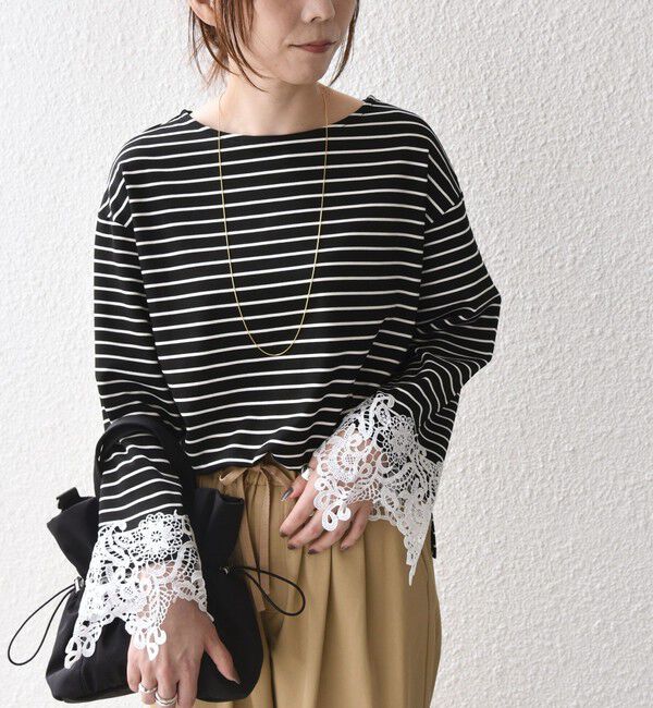 SHIPS Colors 「【WEB限定】〈手洗い可能〉ボーダー ポンチ レースカフス トップス◇」|Tシャツ・カットソー|