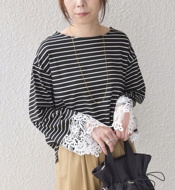 SHIPS Colors 「【WEB限定】〈手洗い可能〉ボーダー ポンチ レースカフス トップス◇」|Tシャツ・カットソー|