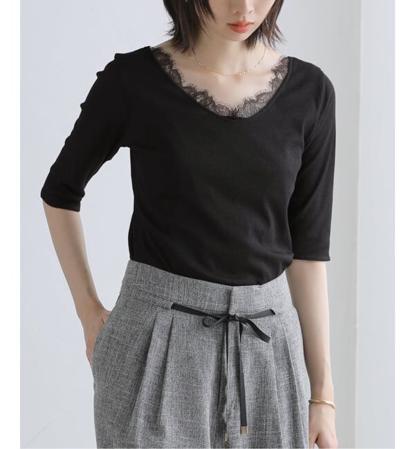  「【洗える】レース2WAYプルオーバー」|Tシャツ・カットソー|ブラック
