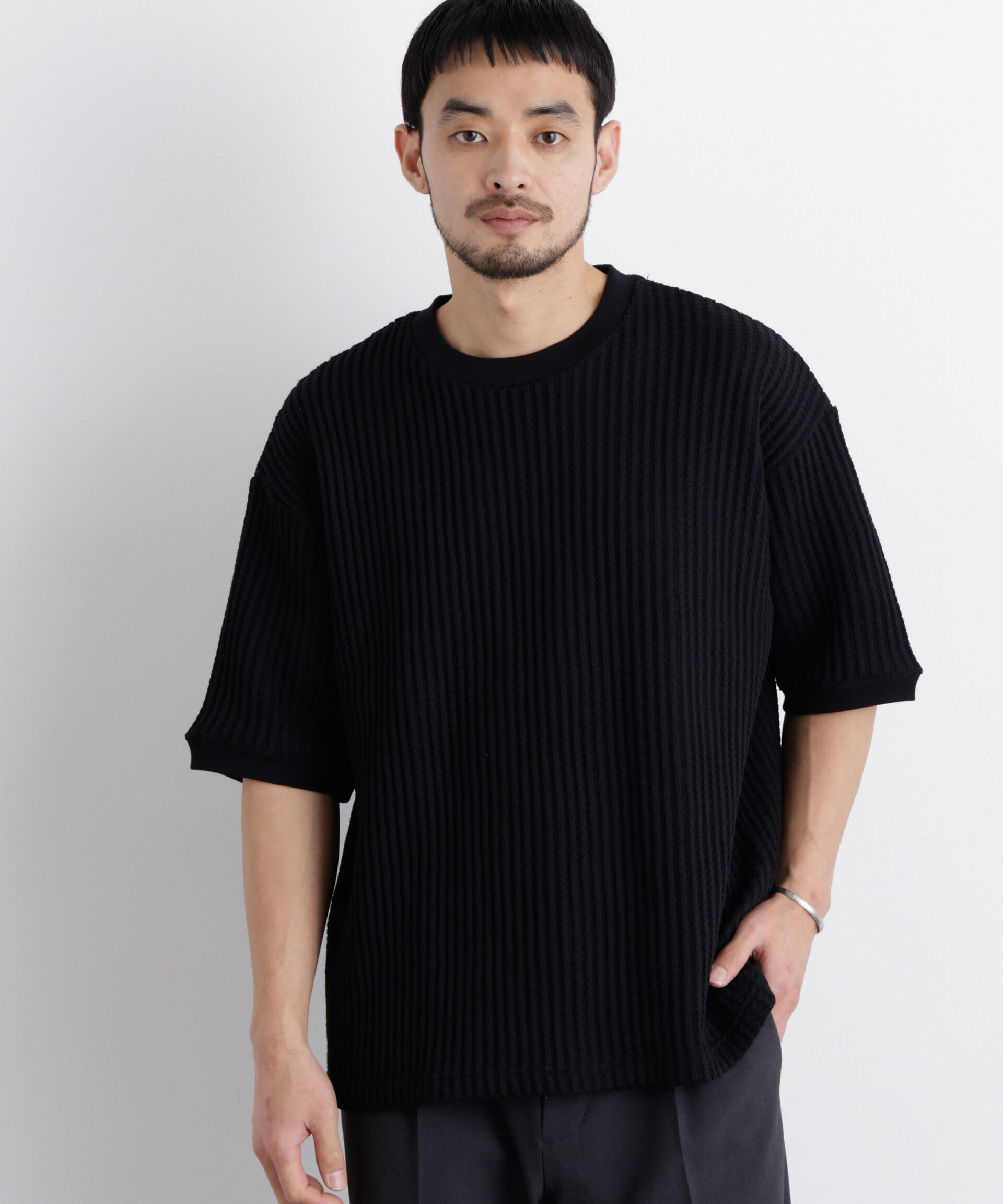 NANO universe「オニワッフルワイドTシャツ 半袖」|Tシャツ・カットソー|ブラック