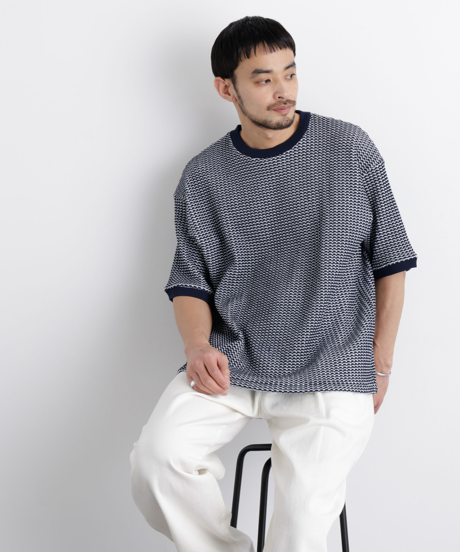 NANO universe「オニワッフルワイドTシャツ 半袖」|Tシャツ・カットソー|ネイビー