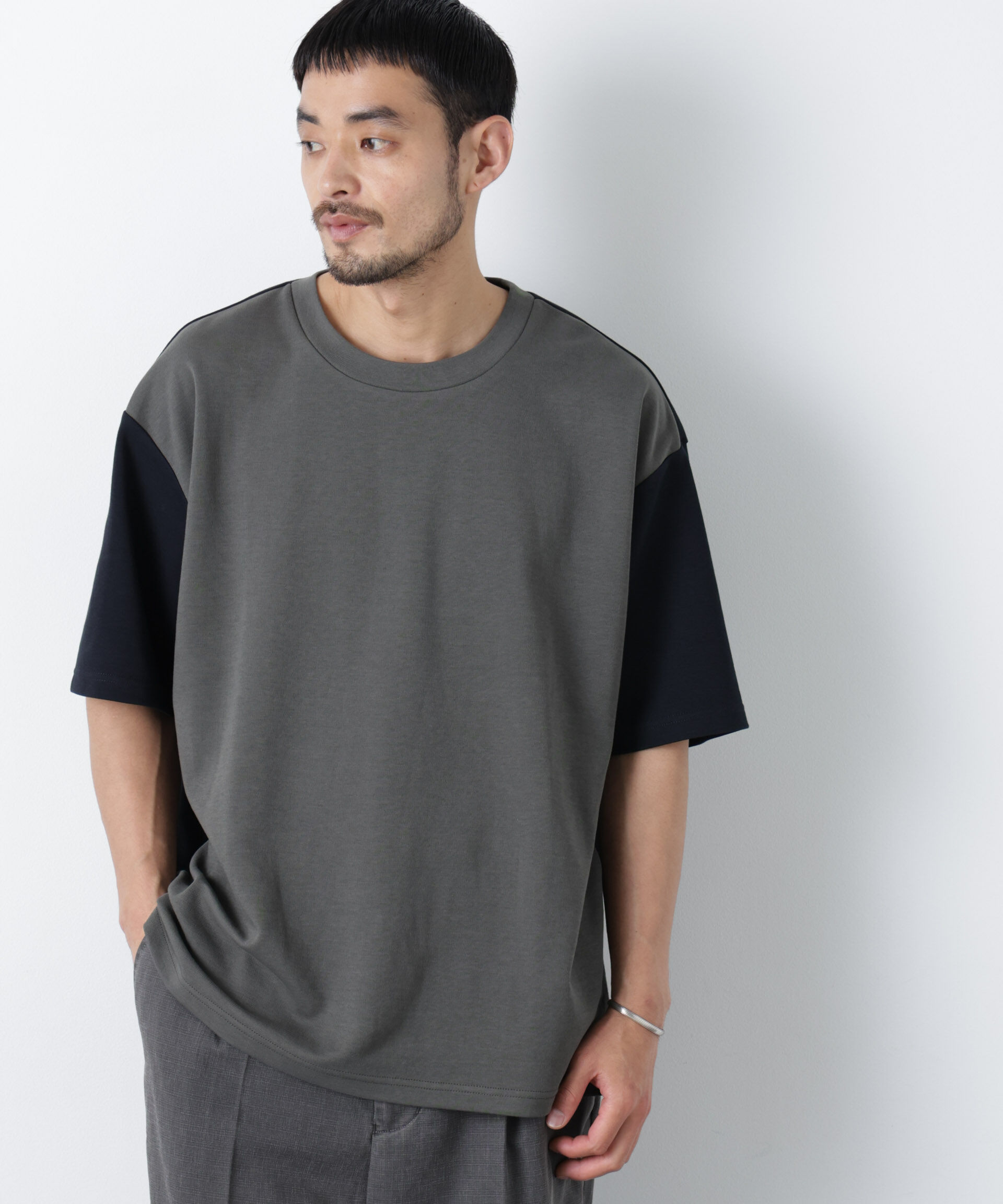 nano･universe「2トーンシルケット切り替えTシャツ 半袖」|Tシャツ・カットソー|ブラック