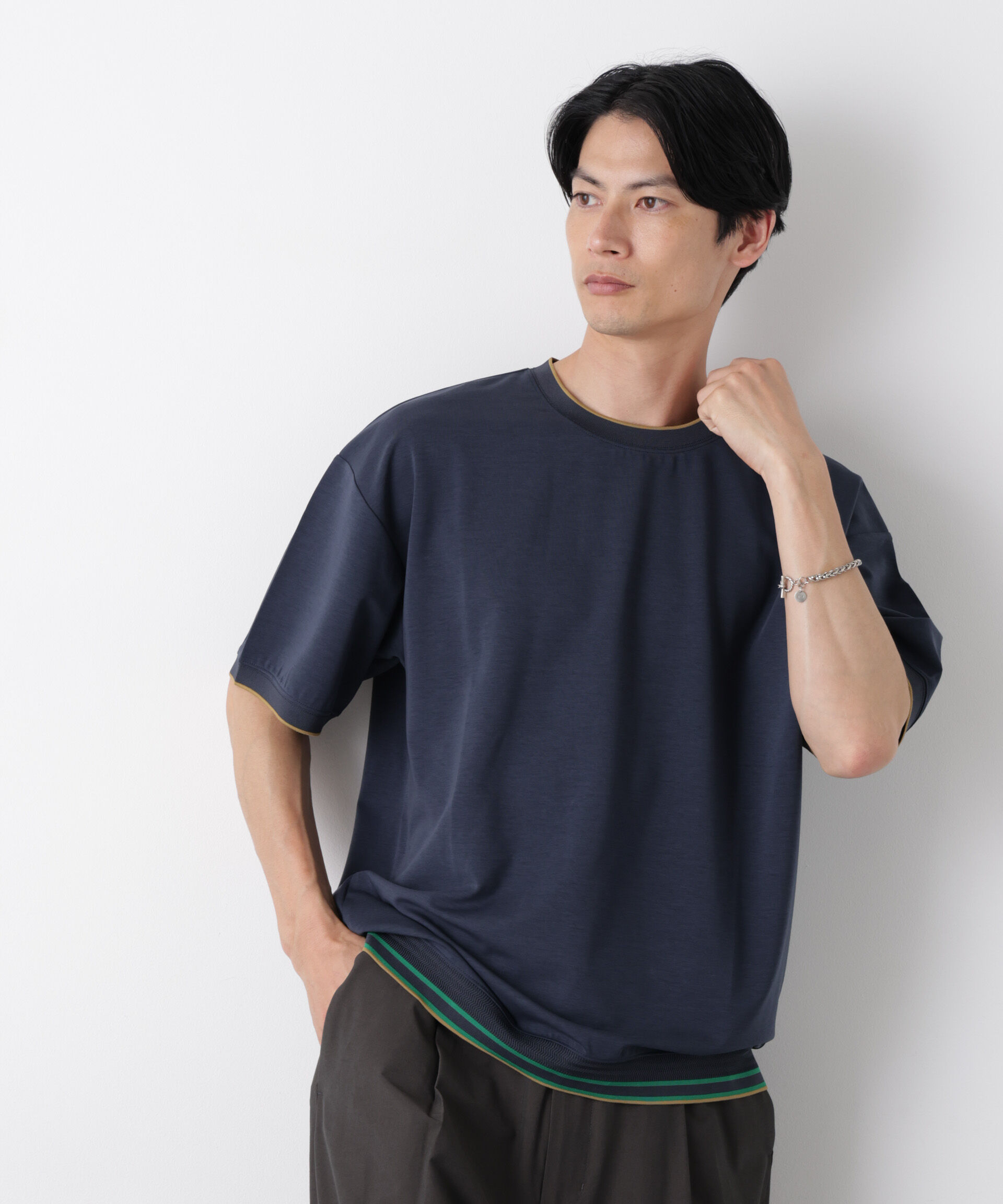 NANO universe「リブスムースTシャツ 半袖」|Tシャツ・カットソー|ネイビー