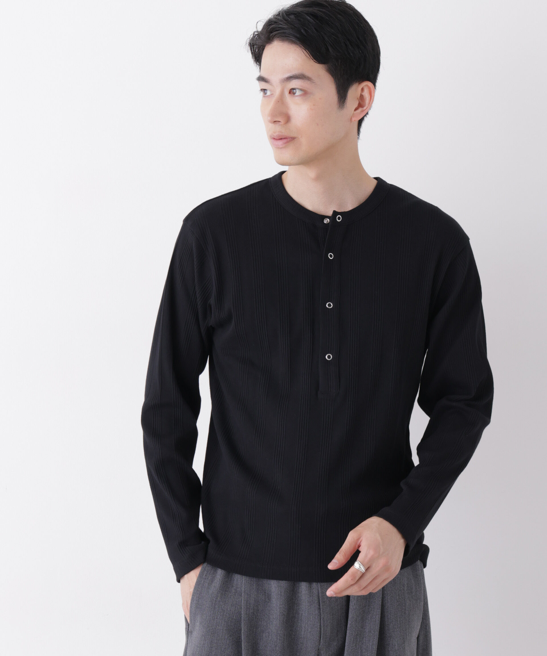 NANO universe「ランダム針抜きリブ リングドットヘンリーネック」|Tシャツ・カットソー|