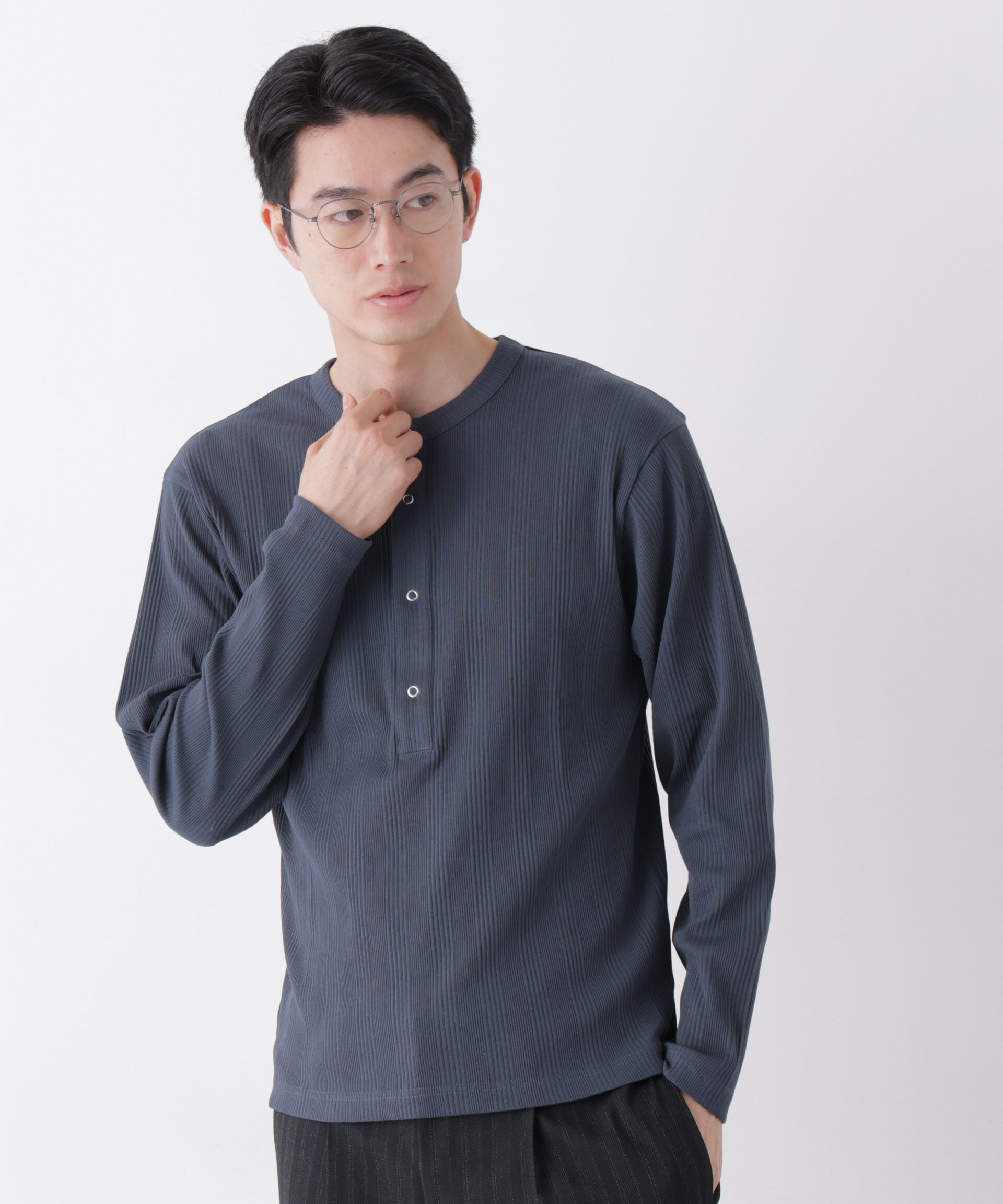 NANO universe「ランダム針抜きリブ リングドットヘンリーネック」|Tシャツ・カットソー|ネイビー