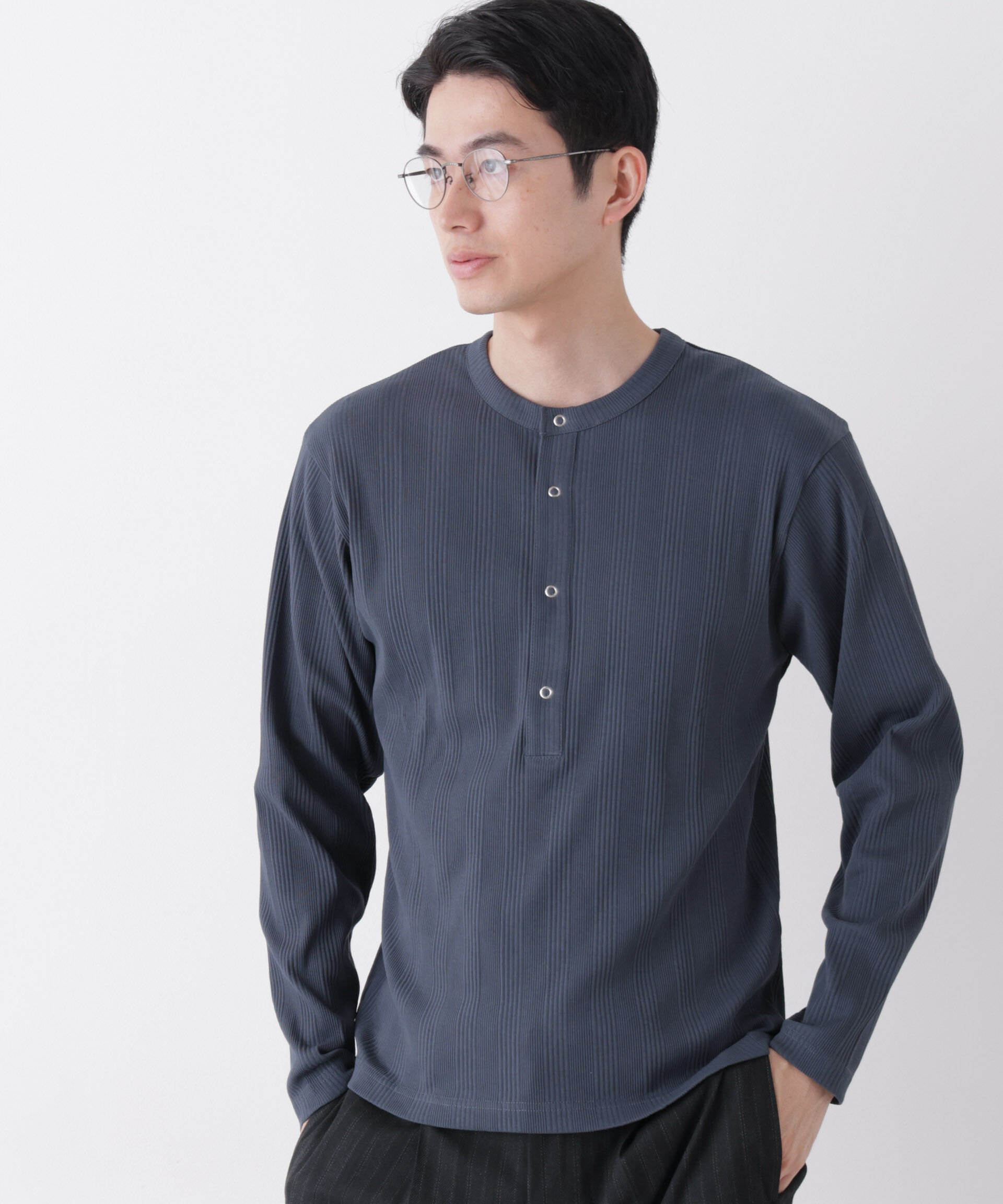 NANO universe「ランダム針抜きリブ リングドットヘンリーネック」|Tシャツ・カットソー|