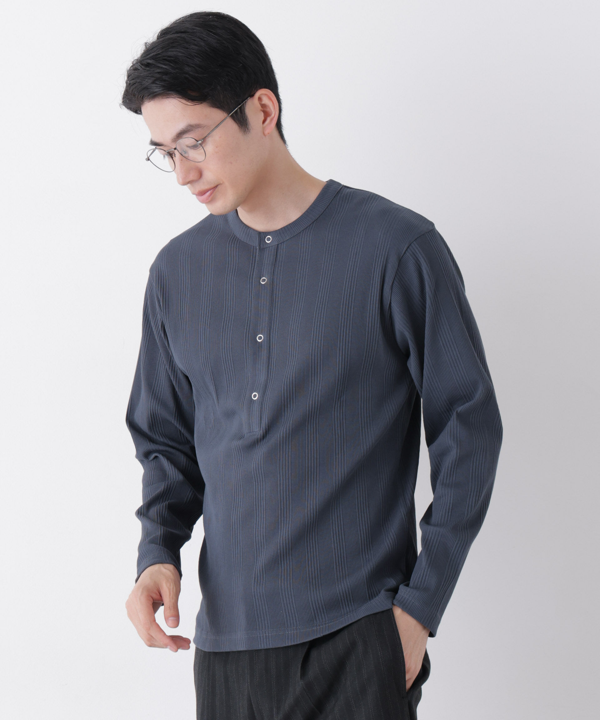 NANO universe「ランダム針抜きリブ リングドットヘンリーネック」|Tシャツ・カットソー|