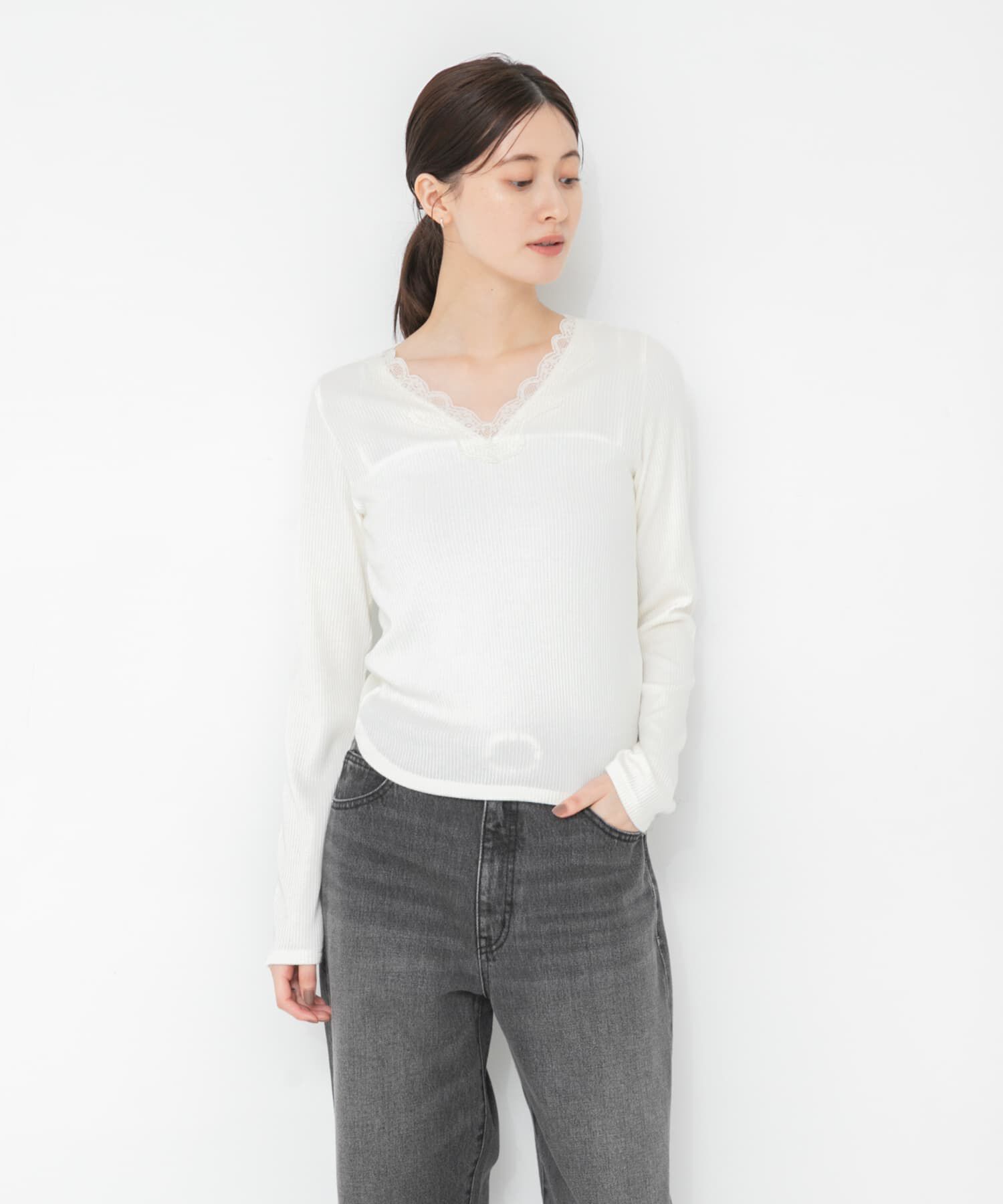 URBAN RESEARCH「V-NECK LACE RIB TOPS」|Tシャツ・カットソー|