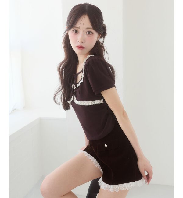  「レーストリムサイドギャザートップス」|Tシャツ・カットソー|
