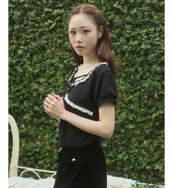  「レーストリムサイドギャザートップス」|Tシャツ・カットソー|