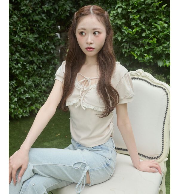  「レーストリムサイドギャザートップス」|Tシャツ・カットソー|