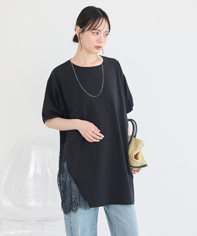 earth music&ecology「アシメレースビッグTシャツ」|チュニック|