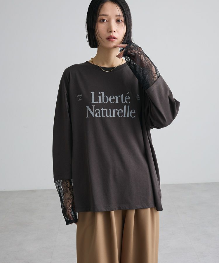 Green Parks「袖レースドッキング長袖ロゴTシャツ」|Tシャツ・カットソー|Charcoal Gray