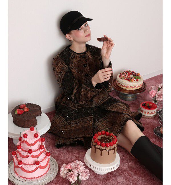 LOULOU WILLOUGHBY「スパンコールチェックコート」|ダッフルコート|ブラウン系