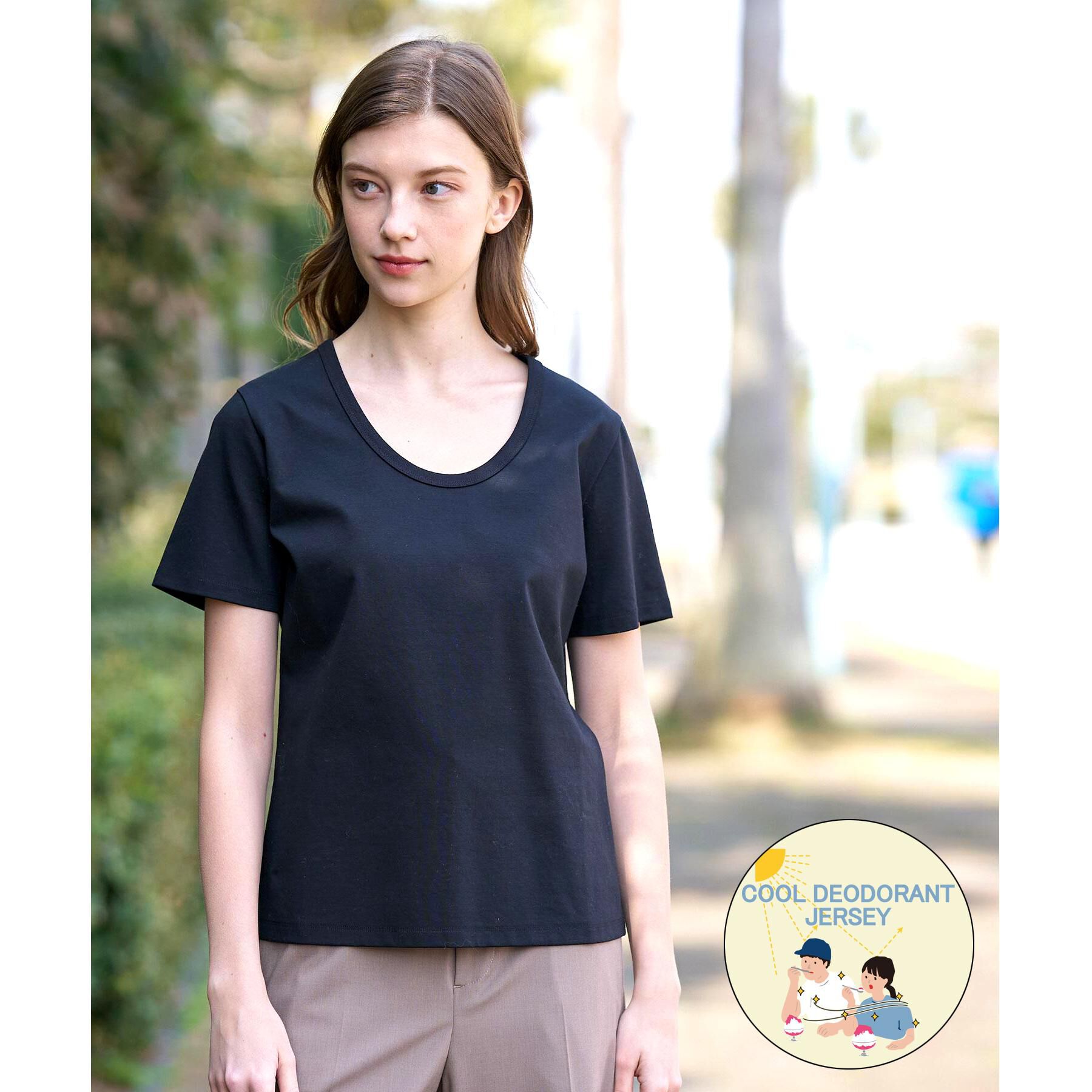 DRESSTERIOR「【接触冷感/抗菌防臭/UVカット】クールデオドラント UネックTシャツ」|Tシャツ・カットソー|ブラック(019)
