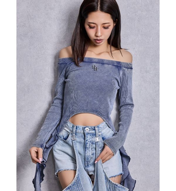 GYDA「GG SIDE DRAPE EDGEオフショルトップス」|Tシャツ・カットソー|