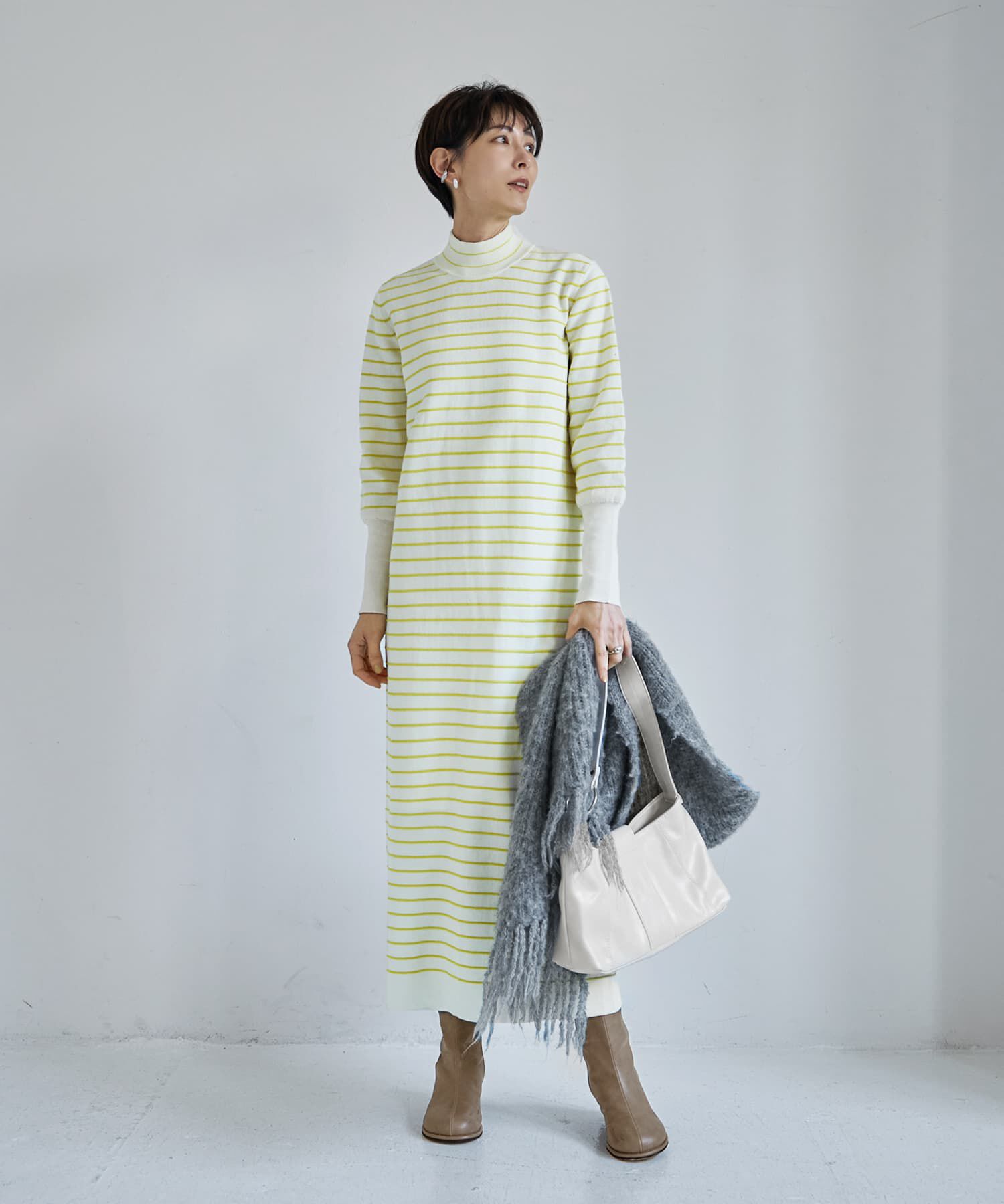 STYLE DELI「立体ボーダーニットワンピース」|ワンピース|アイボリーミックス