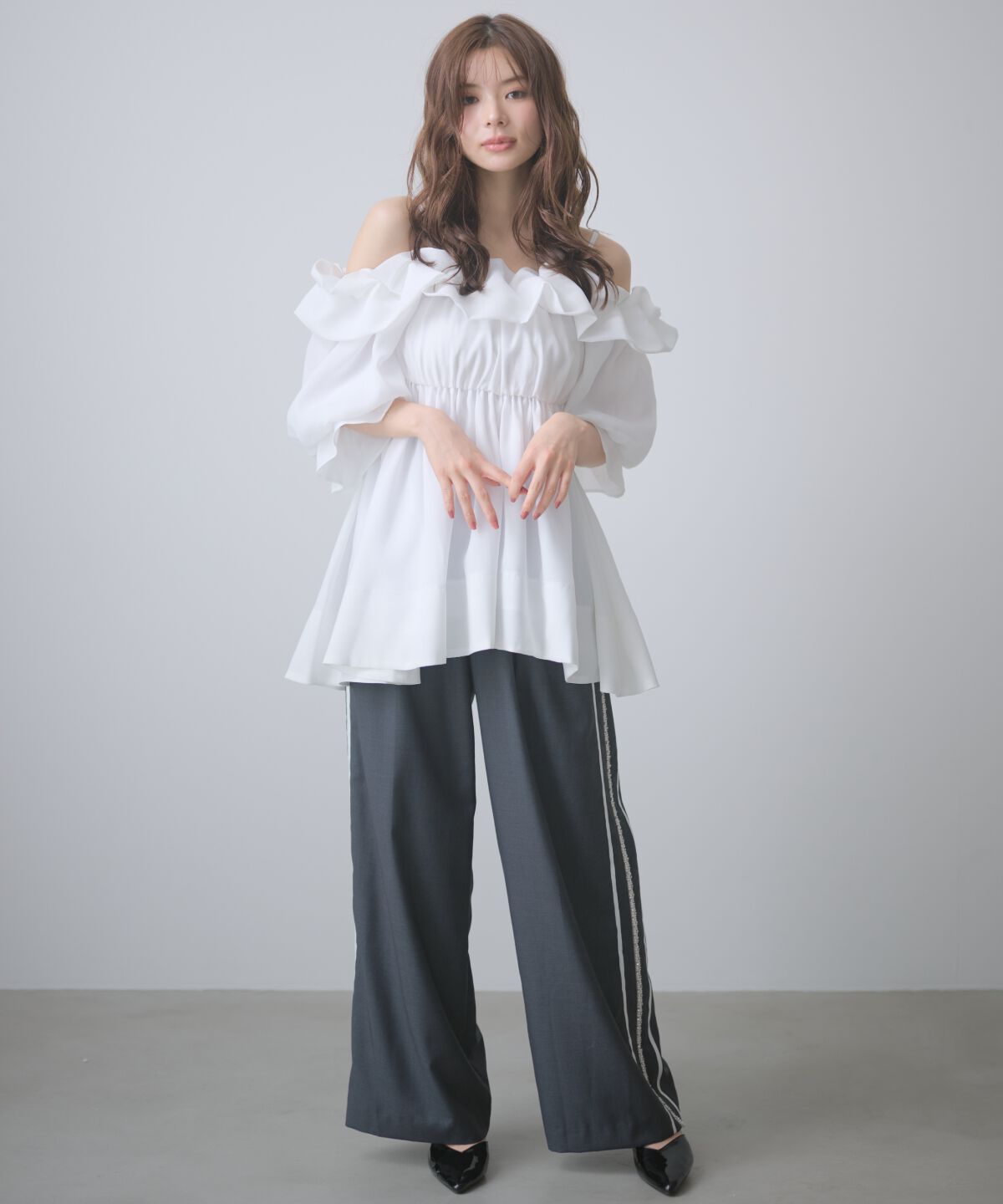 アンドクチュール「オフショルバルーンフリルチュニックブラウス」|チュニック|