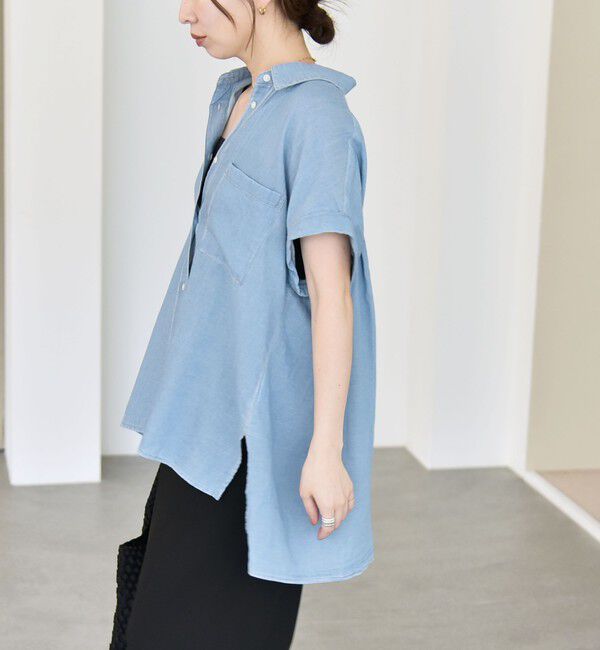 quaranciel「quaranciel:〈手洗い可能〉シアー デニム フレンチスリーブ レギュラー シャツ」|シャツ・ブラウス|ライトブルー