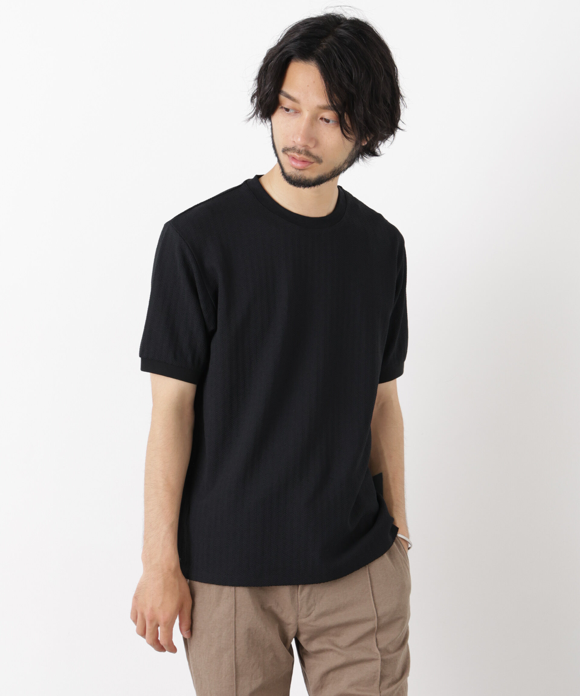 NANO universe「「モダンコンフォート」ヘリンボン クルーネックTシャツ 半袖」|Tシャツ・カットソー|